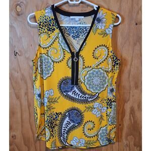 Linda Matthews Shirt Womens Size Medium Sleeveless Yellow Paisley Summer Classic